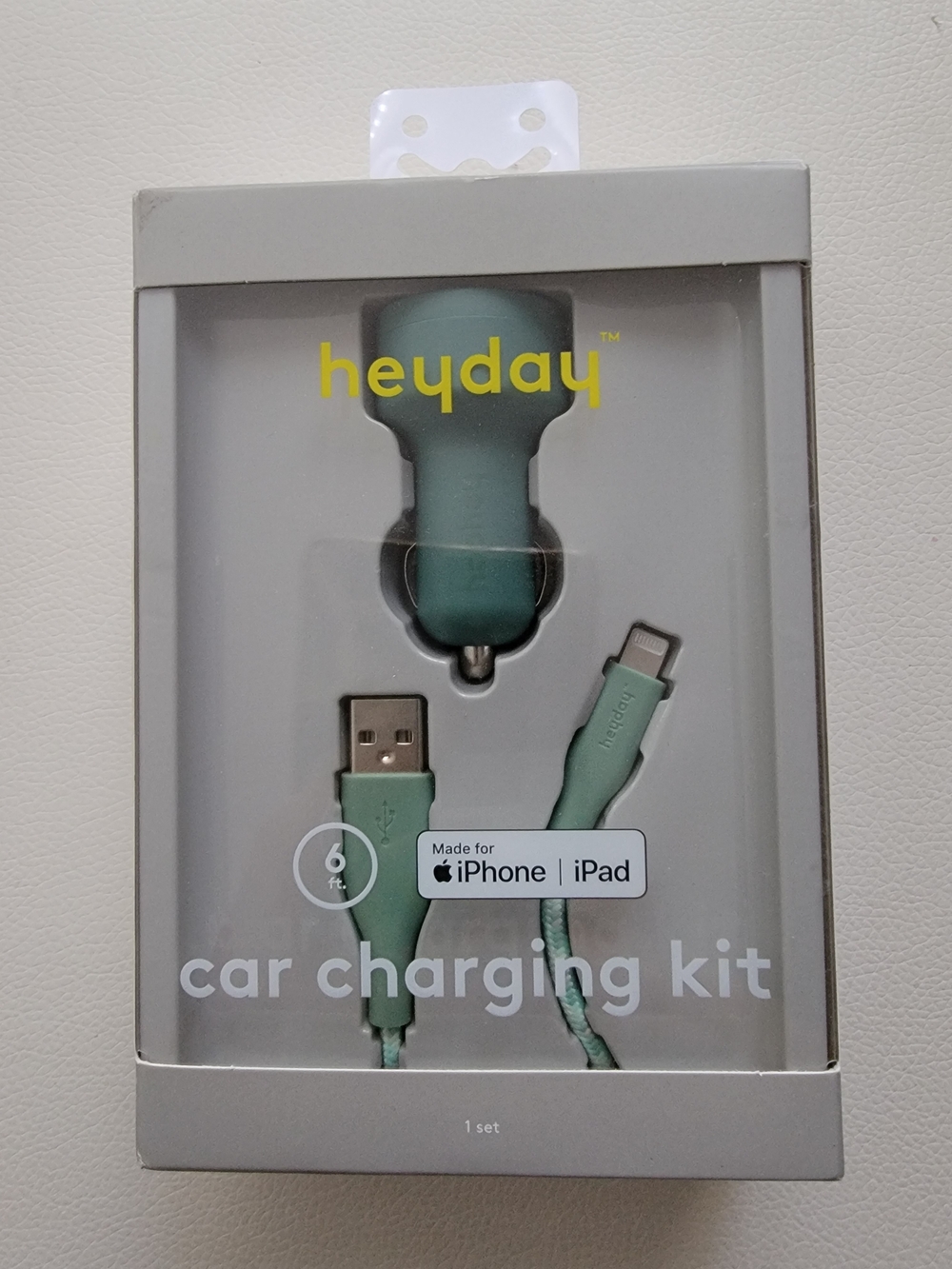 heyday Mint Green Car Charging Kit with Braided USB to Lightning 6ft Cable